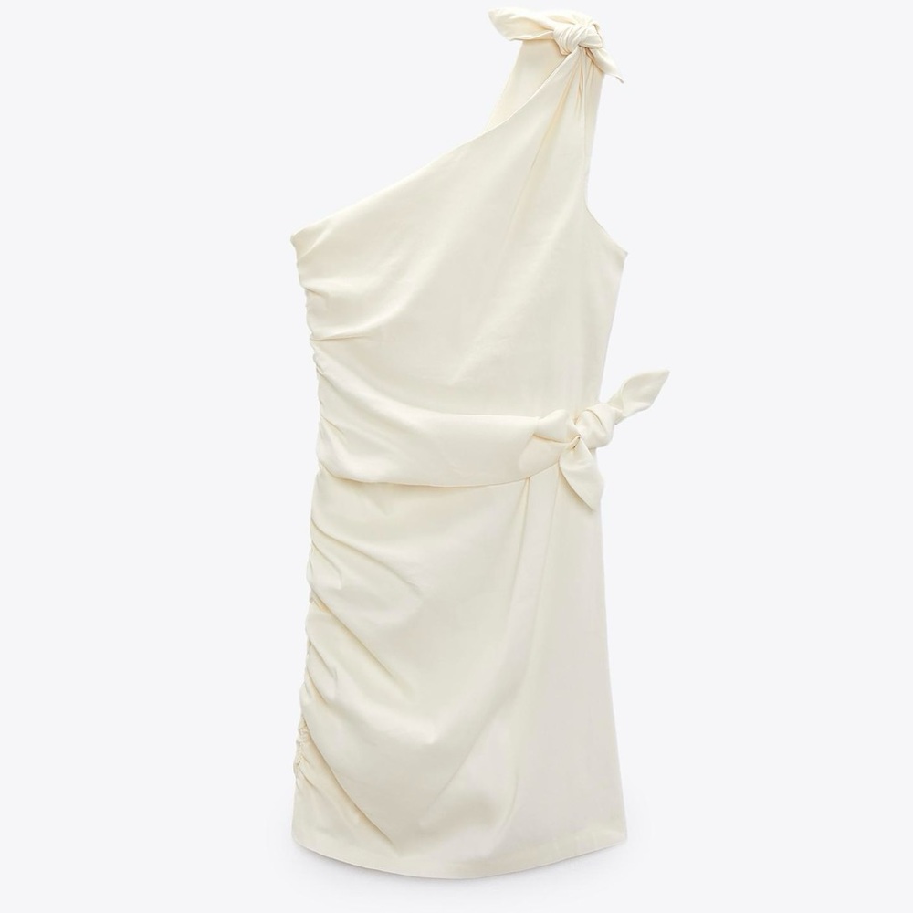 Zara Cream Asymmetrical Ruched Sheath Dress